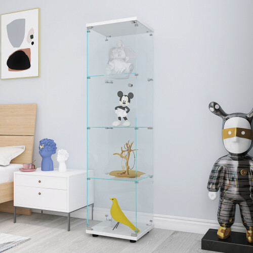 NEW 64in Glass Display Cabinet Glass Curio Bookshelf 4 Shelves with Door