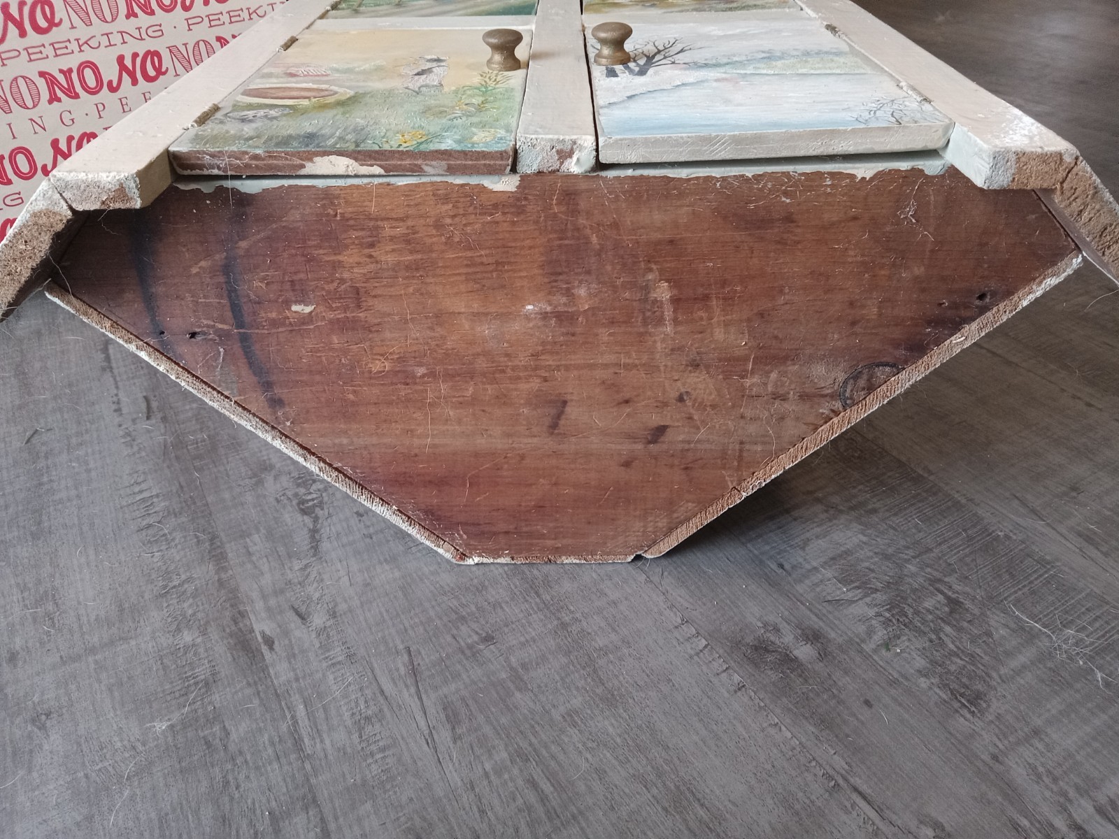 1960 C. Reinhold Hand-Painted Rustic Wood 21″ Corner Hanging Cabinet OOAK