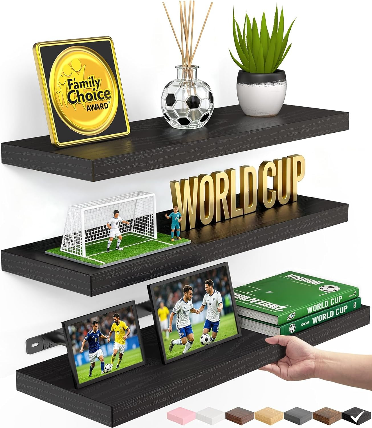 Floating Wall Shelves Set of 3 Black Wood Rustic Display Storage 15.7 Inch