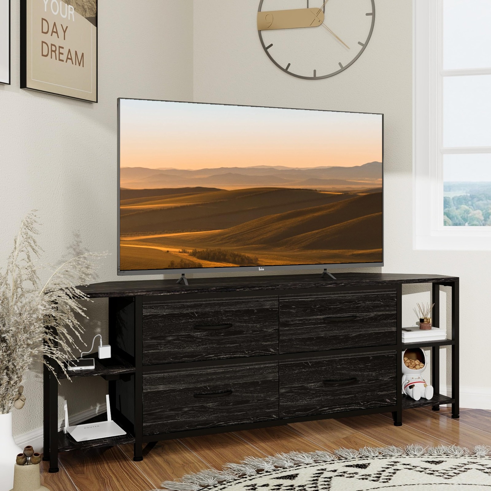 EXOTICA Corner TV Stand with Power Outlet for TVs up to 65 Inch Black Corner Ent