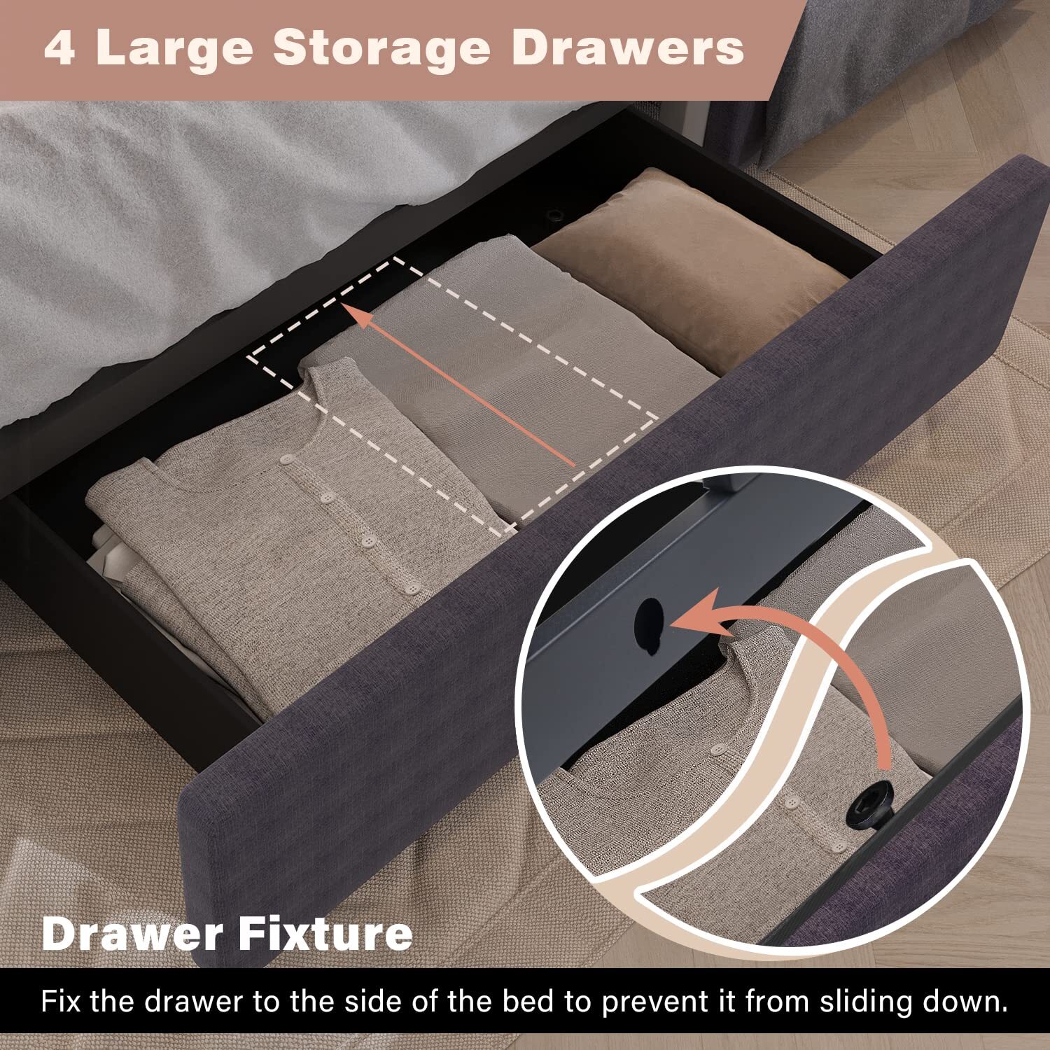 Modern Upholstered Platform Bed Frame with LED Light Storage Headboard 4 Drawer