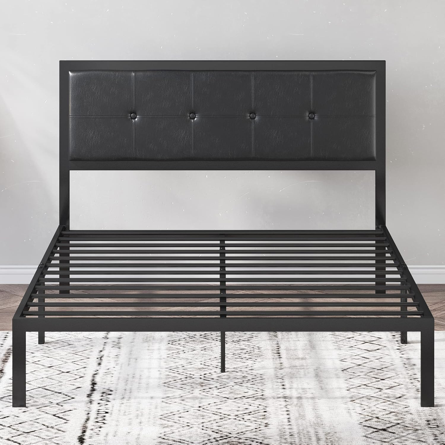 Cherie Full Metal Platform Bed Frame with Faux Leather Headboard, Easy Assembly