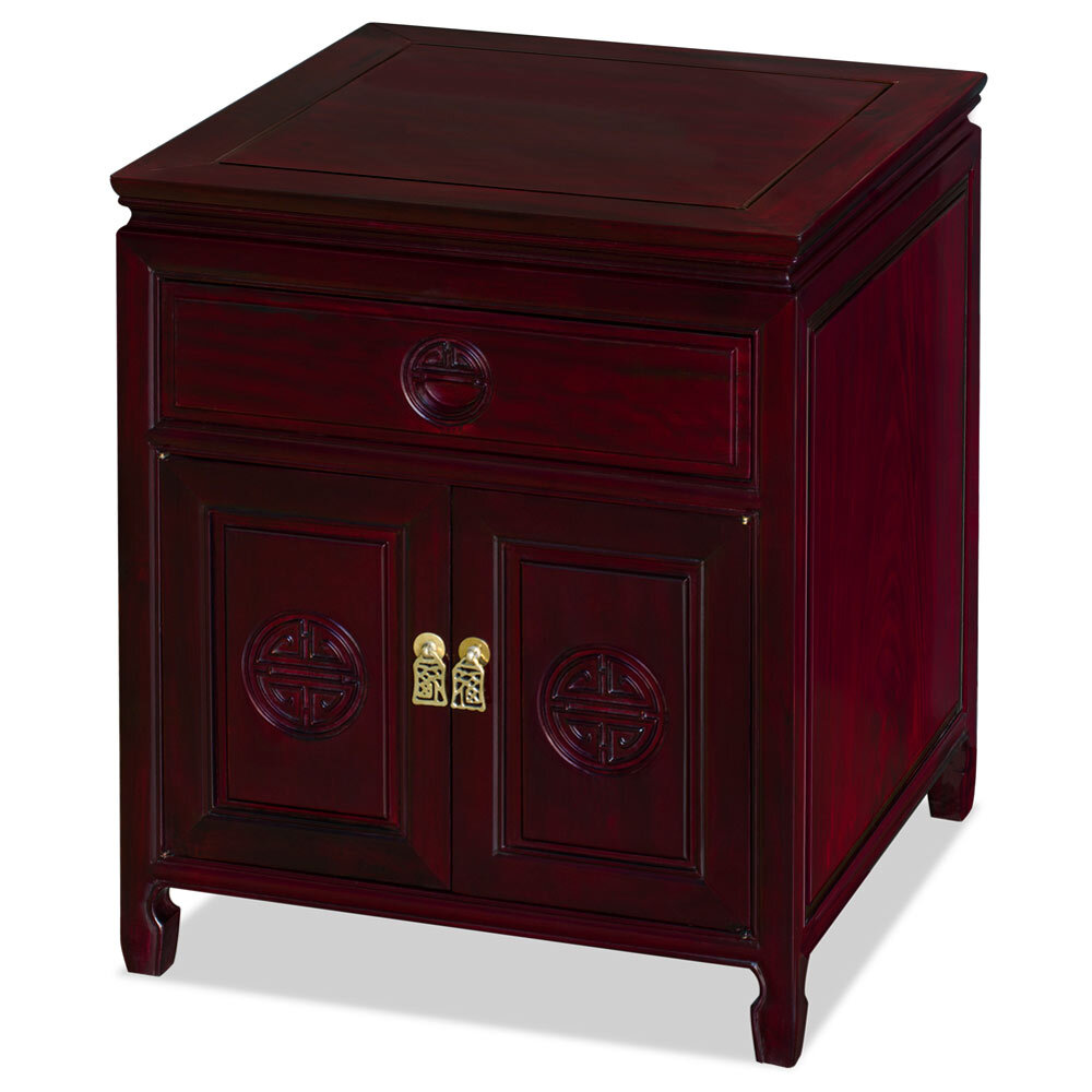 US SELLER – Dark Cherry Rosewood Chinese Longevity Design Nightstand