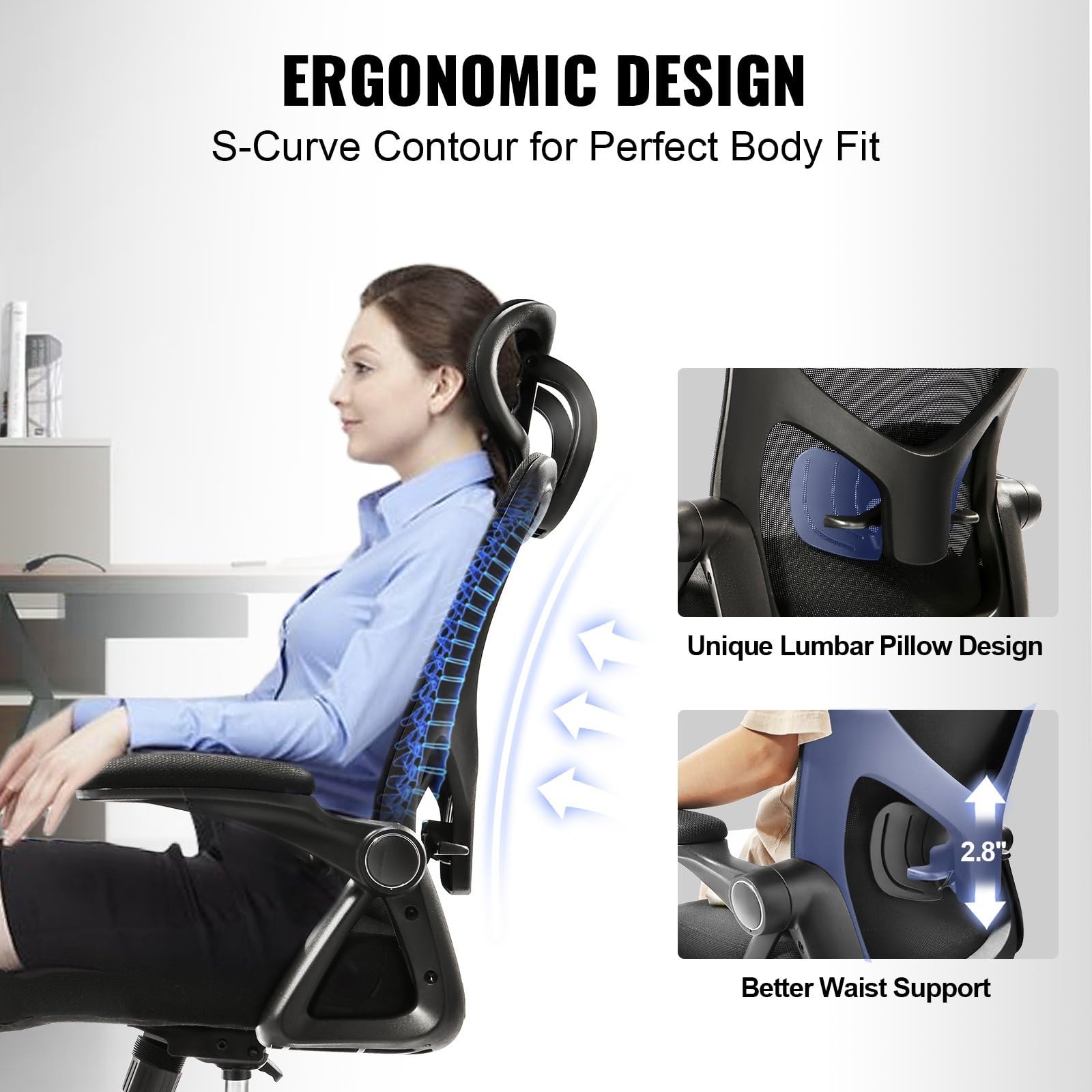 Anwick Ergonomic Office Chair 330LBS High Back Mesh Headrest Lumbar Flip-up