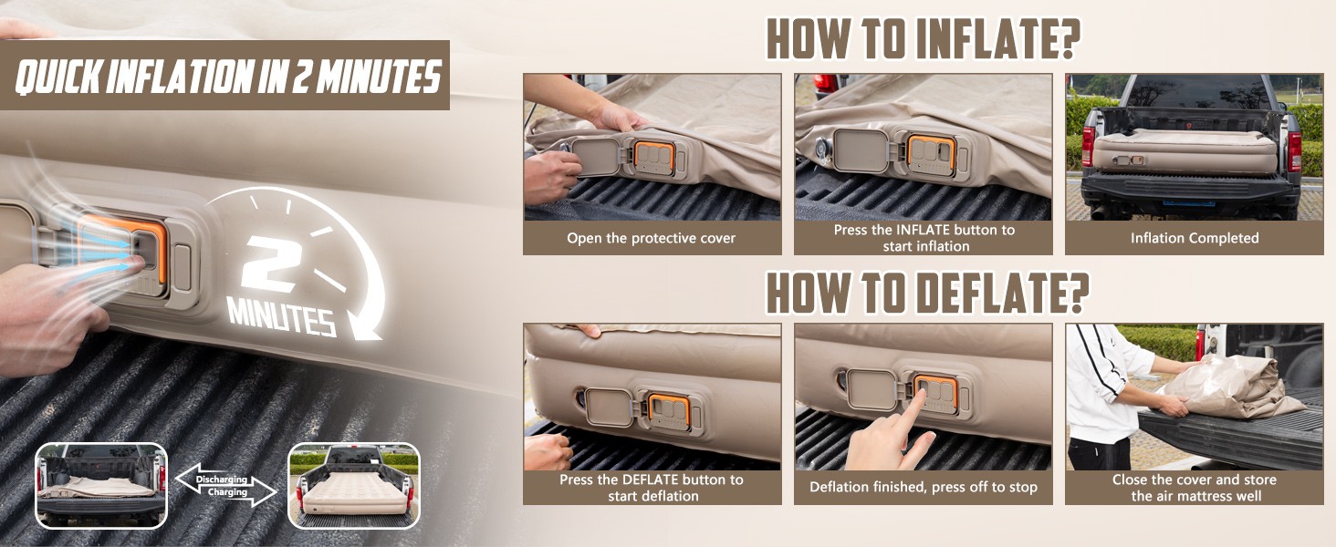 Inflatable Truck Bed Air Mattress 6-6.5 FT Full Size, Built-in Air Pump,