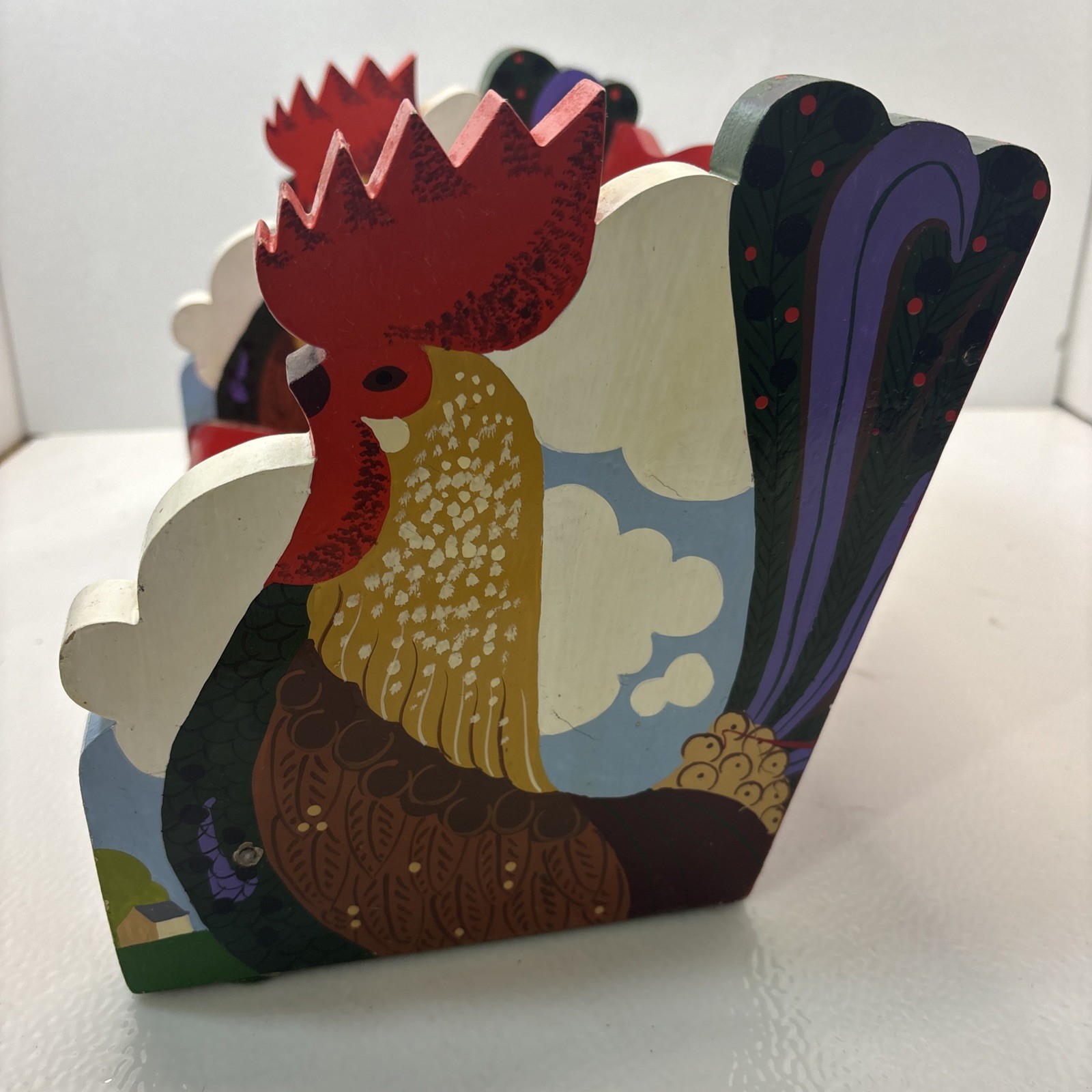 Handmade HAND PAINTED WOODEN Book Shelf Rooster Farm Folk Art SRI LANKA 12×8”