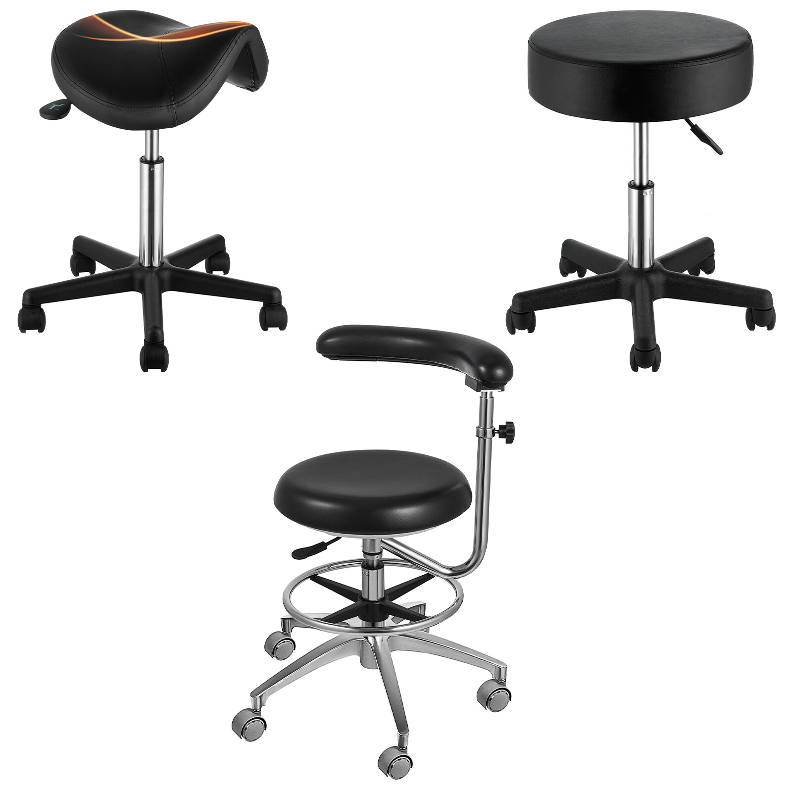 VEVOR Saddle/Round Rolling Stool Swivel Stool PU Leather Height Adjustable Black