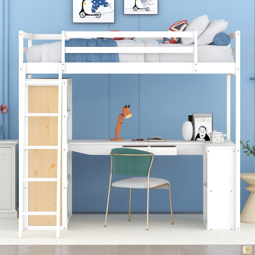 Solid Wood Loft Bed with Desk Bookshelves Storage Cabinet Bedroom Furniture Sets