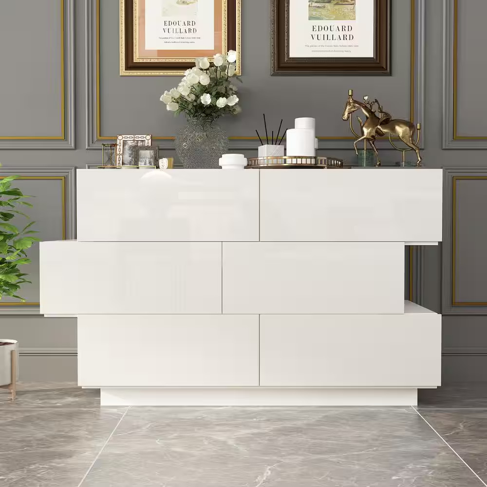 46.1 In. W X 15.7 In. D X 30.7 In. H High Gloss White Wood 6-Drawer Dresser