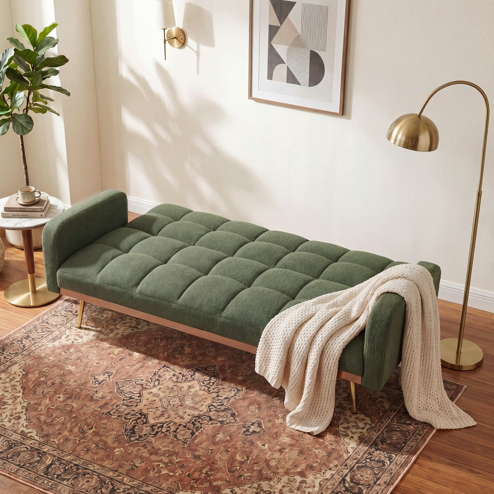 69″ Teddy Fleece Sofa Bed, Adjustable Green Couch for Small Spaces