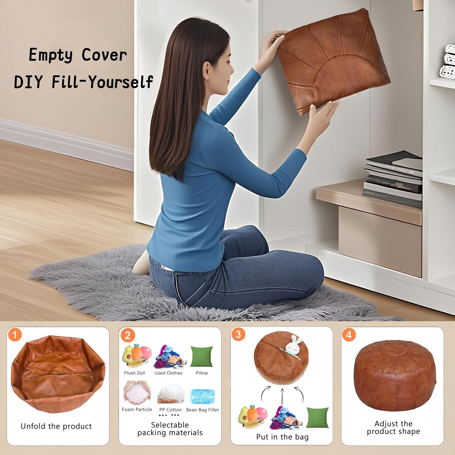 Unstuffed Moroccan Storage Pouf Foot Stool Ottoman Seat Handmade Faux Leather…