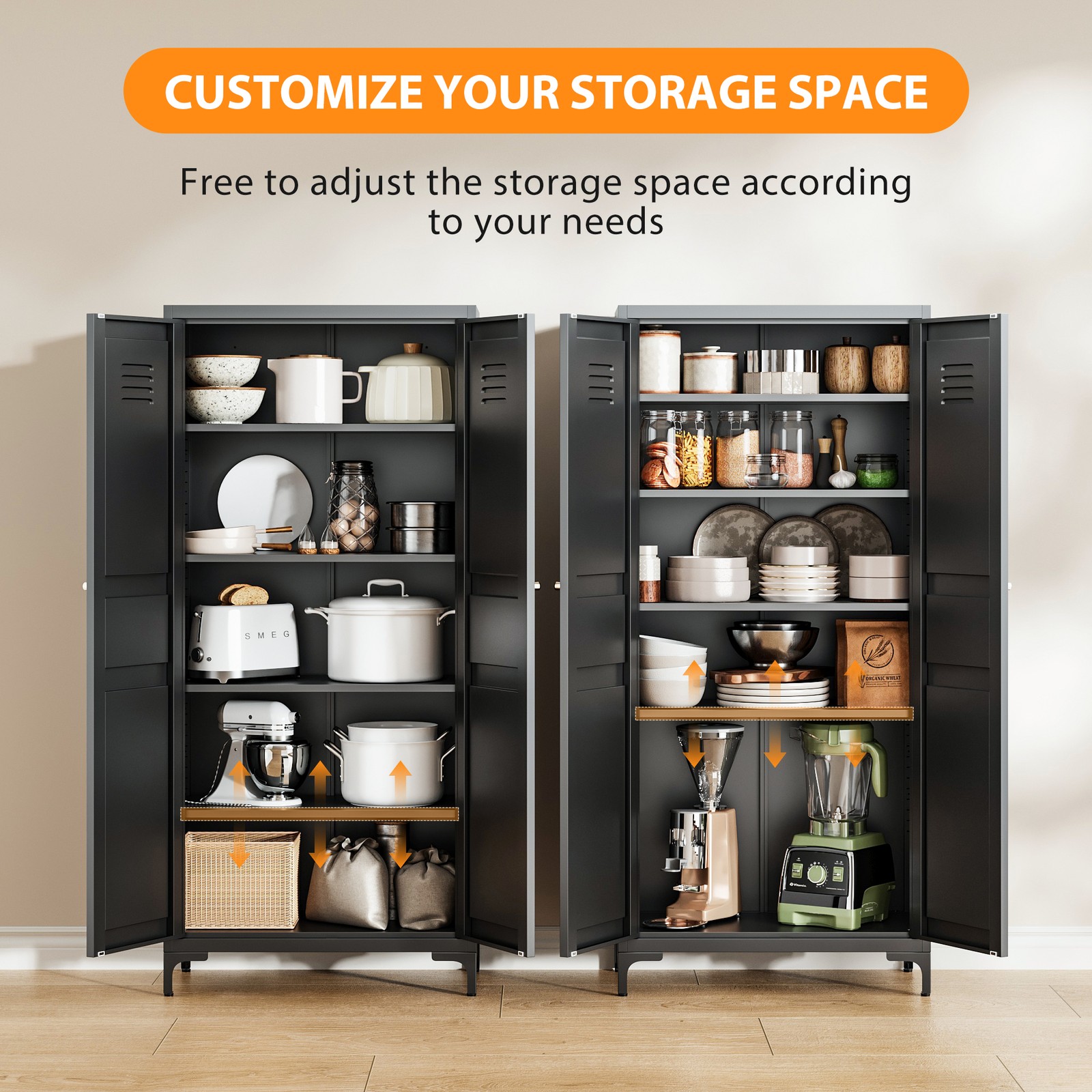 White Metal Pantry Cabinet with 4 Adjustable Shelves, Tall Freestanding Storage