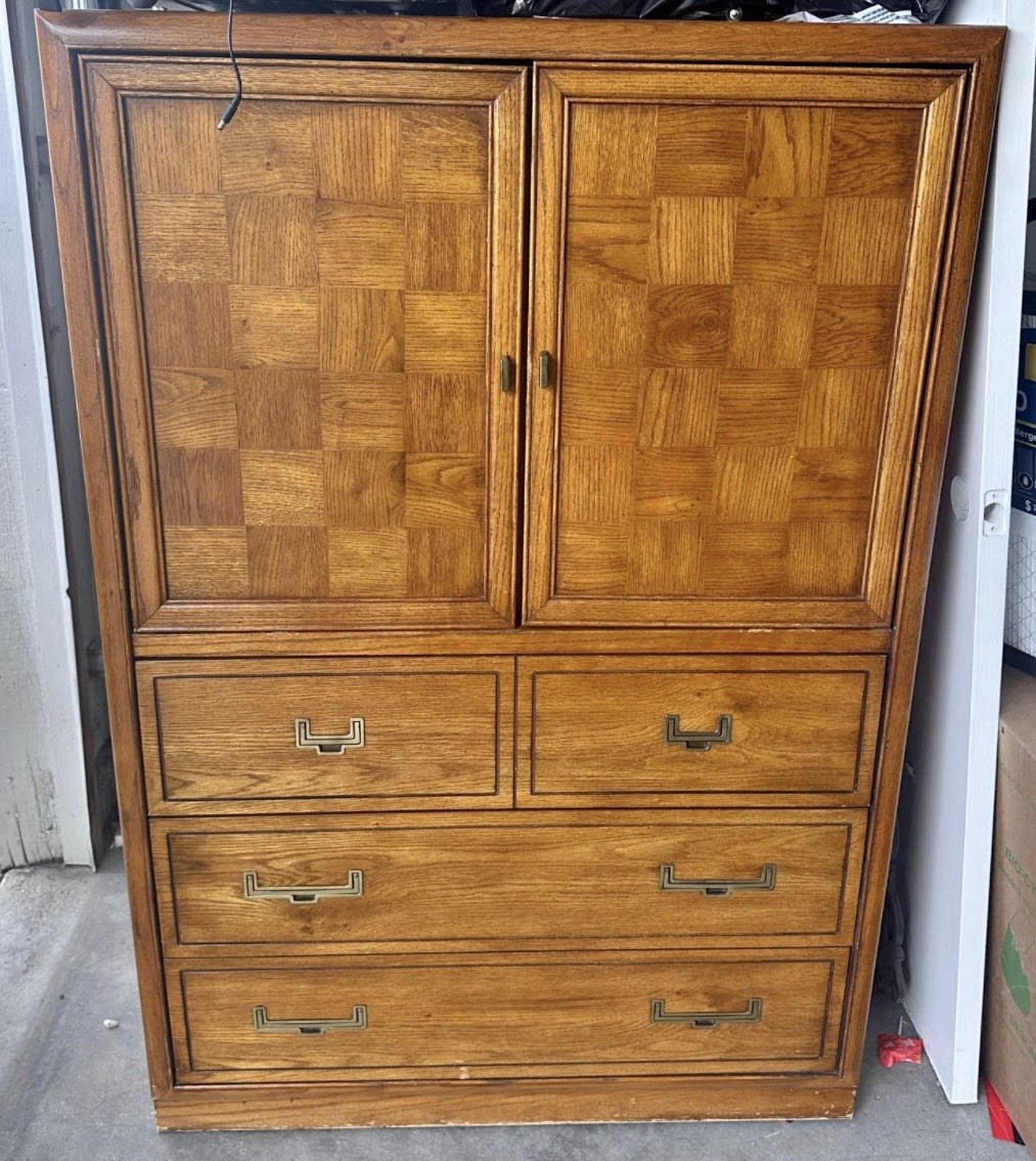 Brutalist Regency Stanley Parquet Wood Armoire MCM Style Media Cabinet Bar Chest