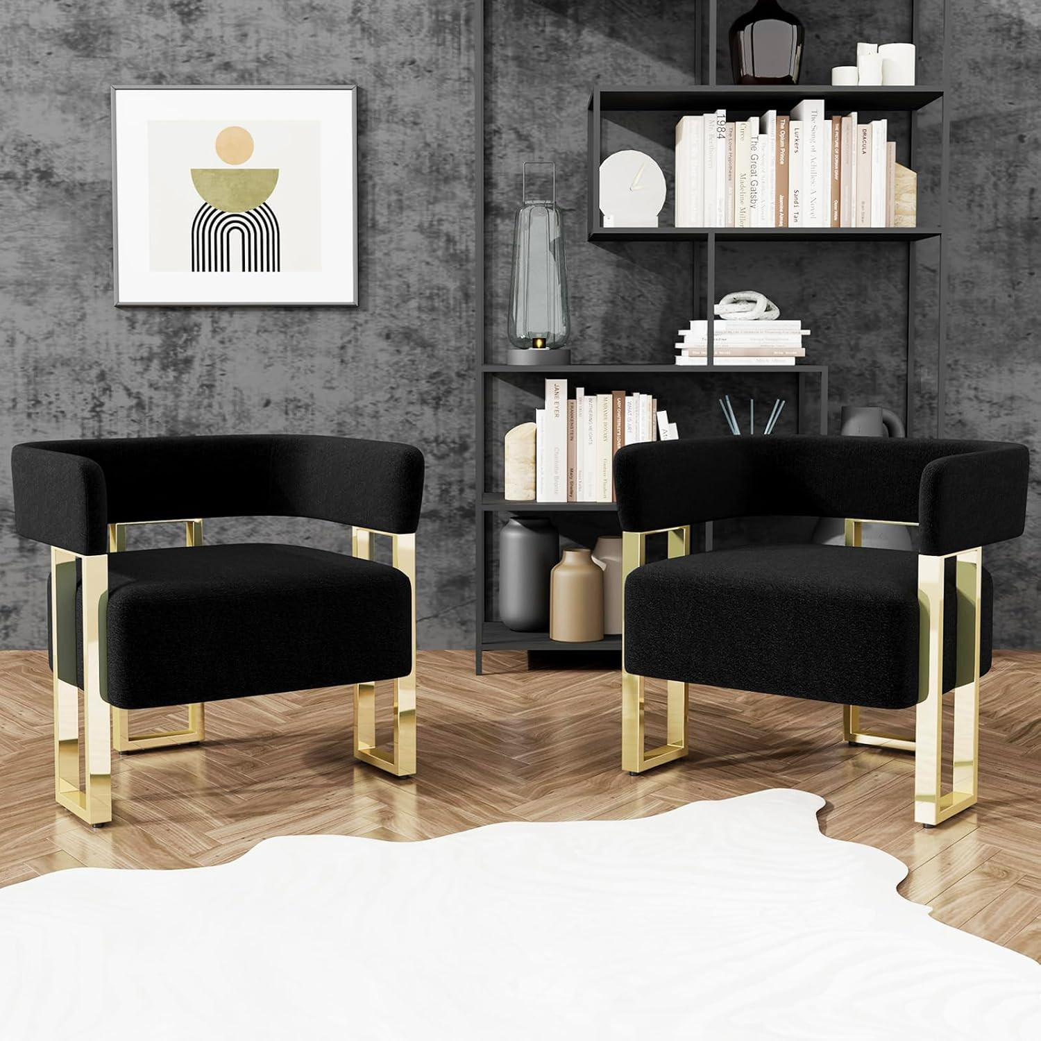 STHOUYN Modern Black and Gold Accent Chair Set of 2, Boucle Bucket Chairs Set of