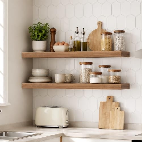 31.5″ Floating Shelves for Wall, Set of 2 Wall Mounted 31.5 Inches Walnut