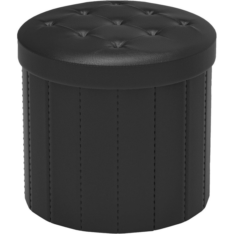 Round Folding Storage Ottoman Foot Stool with Thicker Foam Padded Seat Black