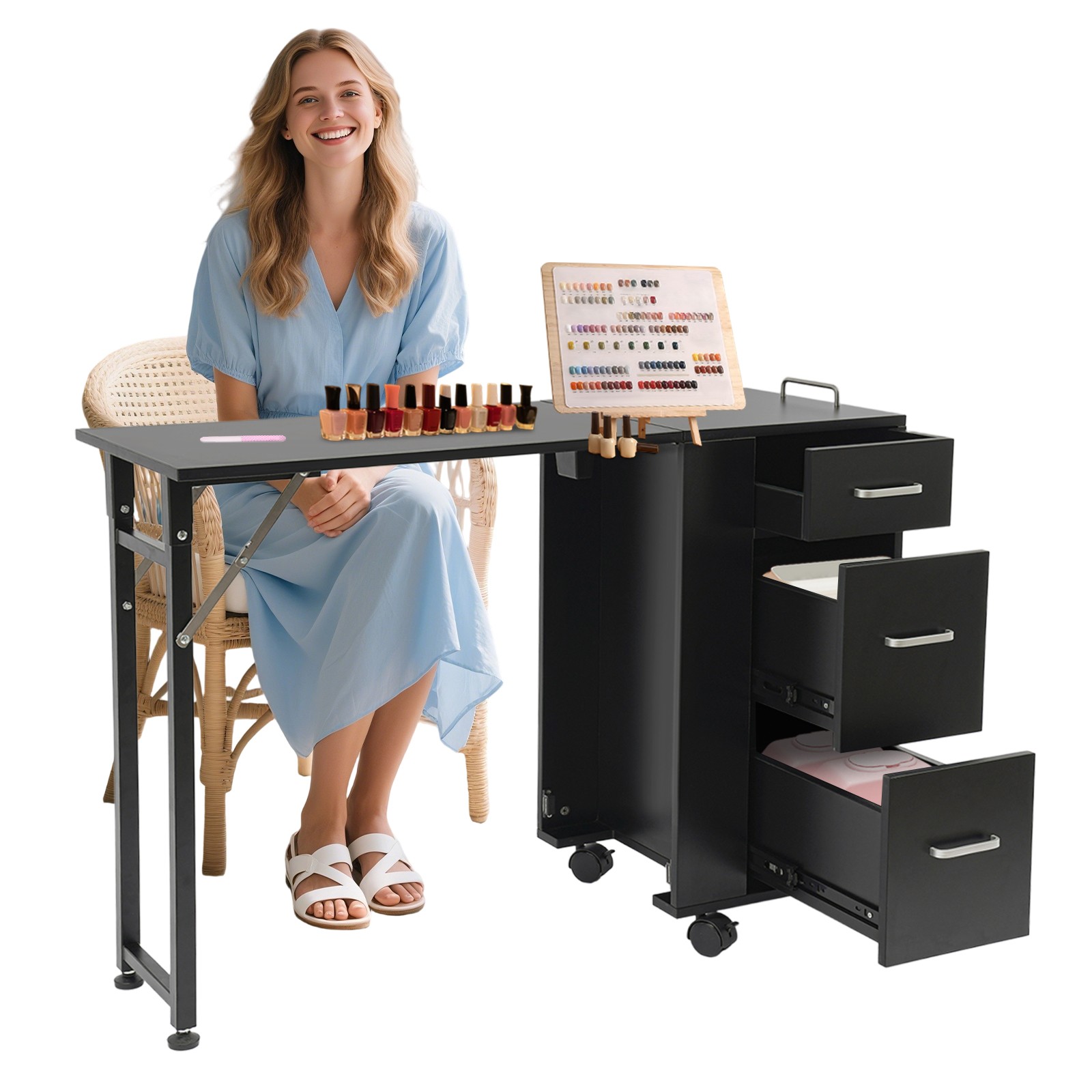 Portable Nail Desk Manicure Table w/ Drawers Wheels Foldable Black Beauty Salon