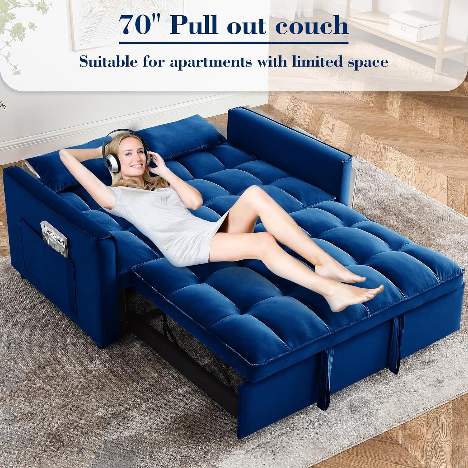 Sofa Bed Couch Sleeper Convertible Pull-Out Bed Couch With Side Pockets