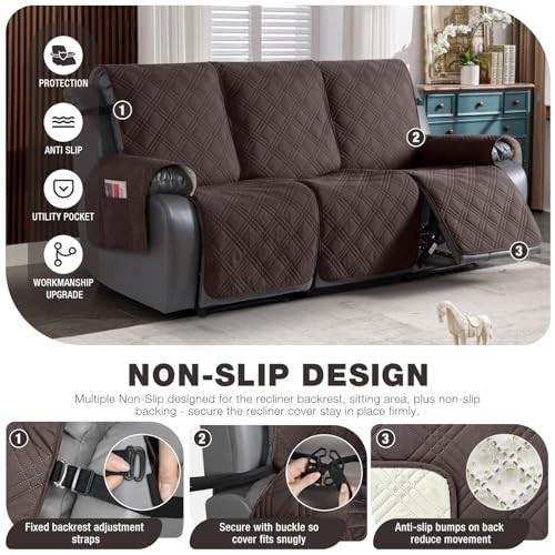 100% Waterproof Recliner Sofa Cover Non Slip Couch 3 Seater Standard Chocolate