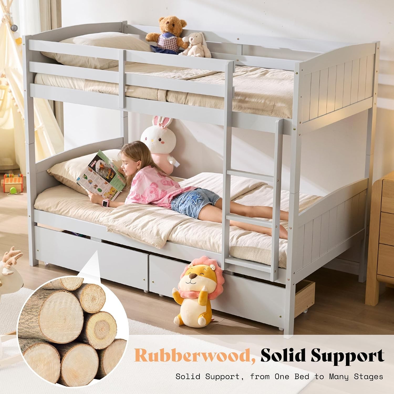 Bunk Bed Twin Over Twin W/ Storage Drawers Solid Wood 2-in-1 Convertible Loft