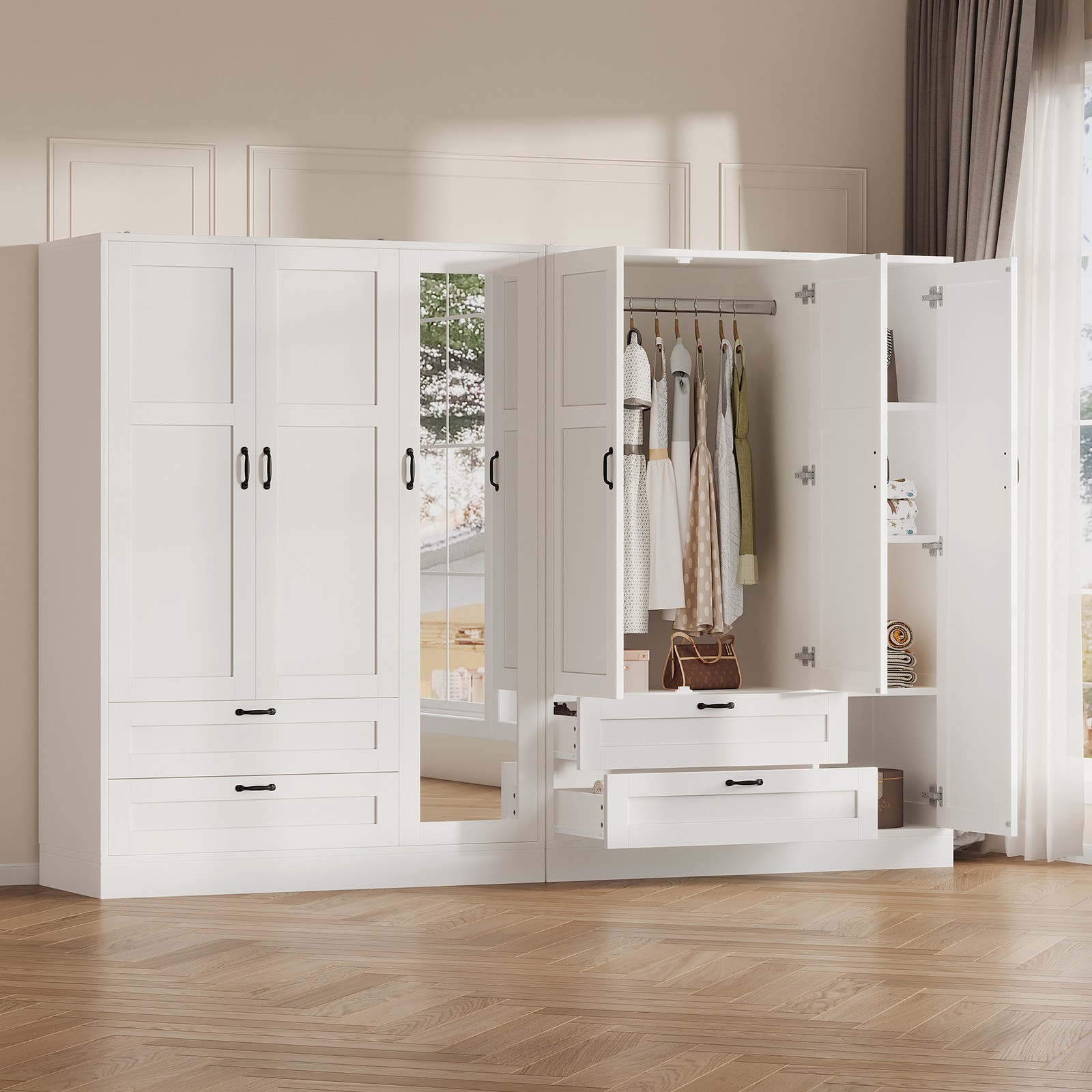 Narrow Armoire Wardrobe Closet with Mirror Hanging Rod 2 Drawers Storage