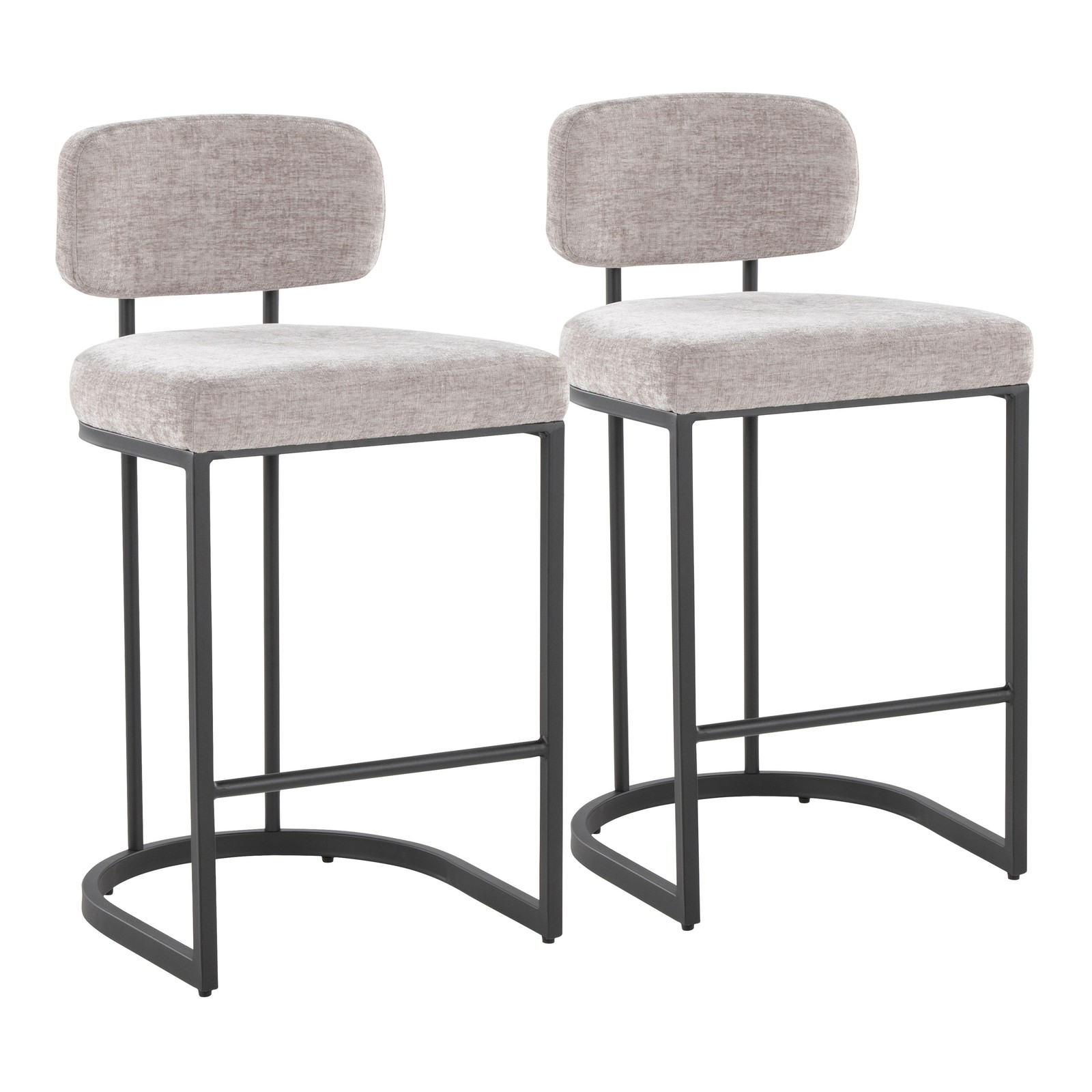 Counter Stool Set of 2 Black Metal & Light Grey Fabric Fixed Height