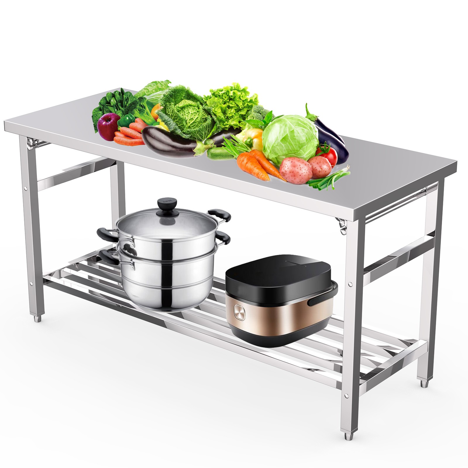 Stainless Steel Foldable Double Layer Workbench for Restaurant, Home 60x24x32”