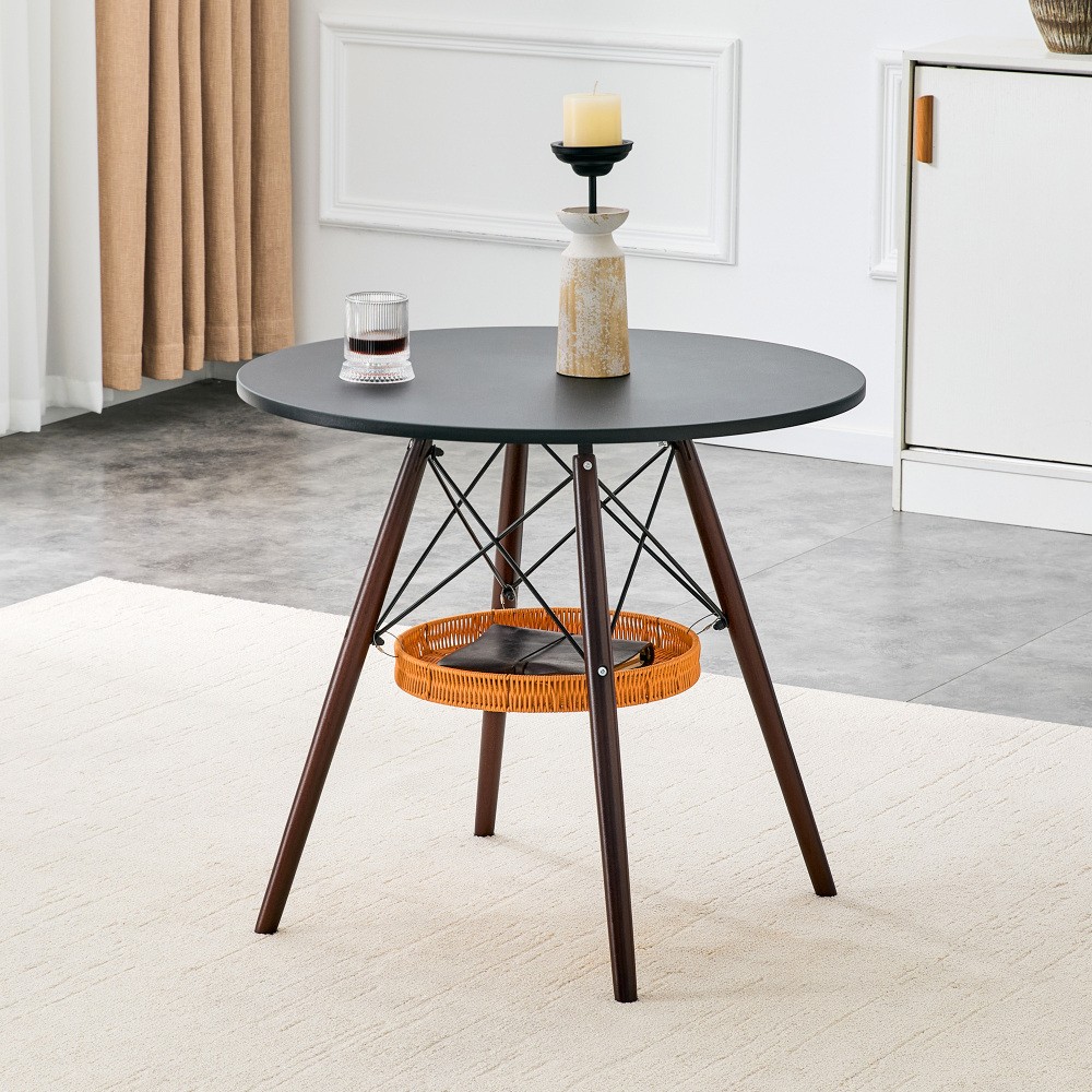 31.5″ black MDF round table w/ solid wood legs & woven basket. for 2-4 people