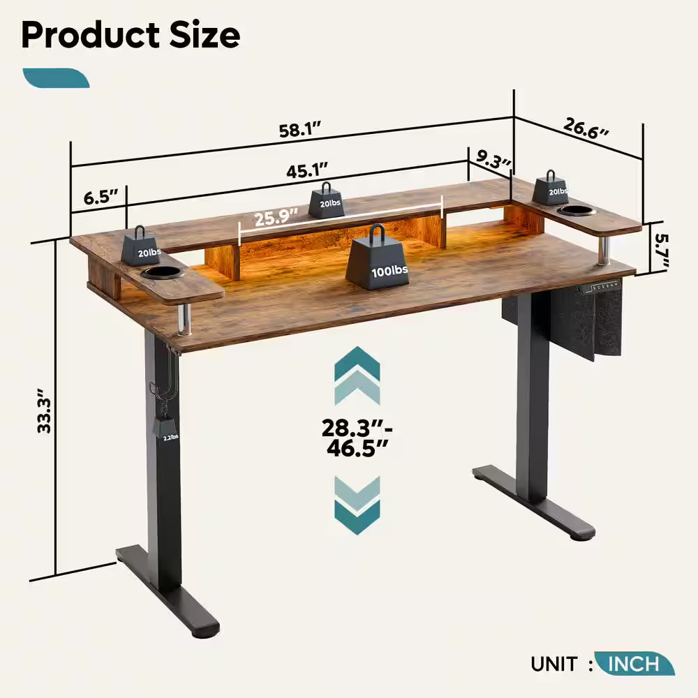 58 In. Rectangular Rustic Brown Wood Sit to Stand Desk with Monitor Stand and Cu