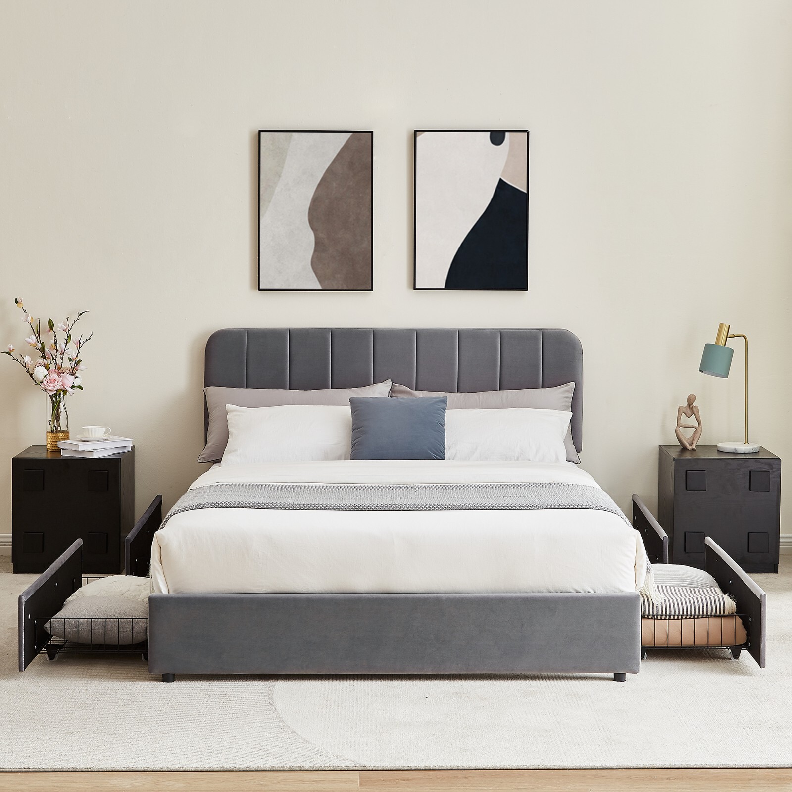 Full/Queen Upholstered Bed Frame w/ Headboard and 4 Storage Drawer Slats Support