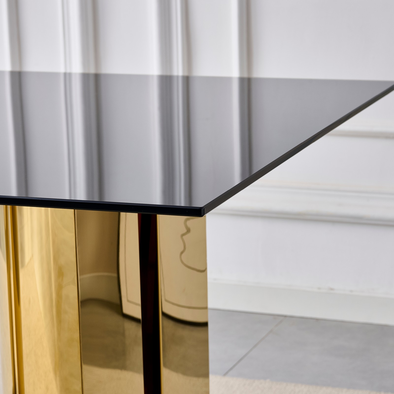 70″ Rectangular Dining Table Black Tempered Glass Gold Stainless Steel Legs