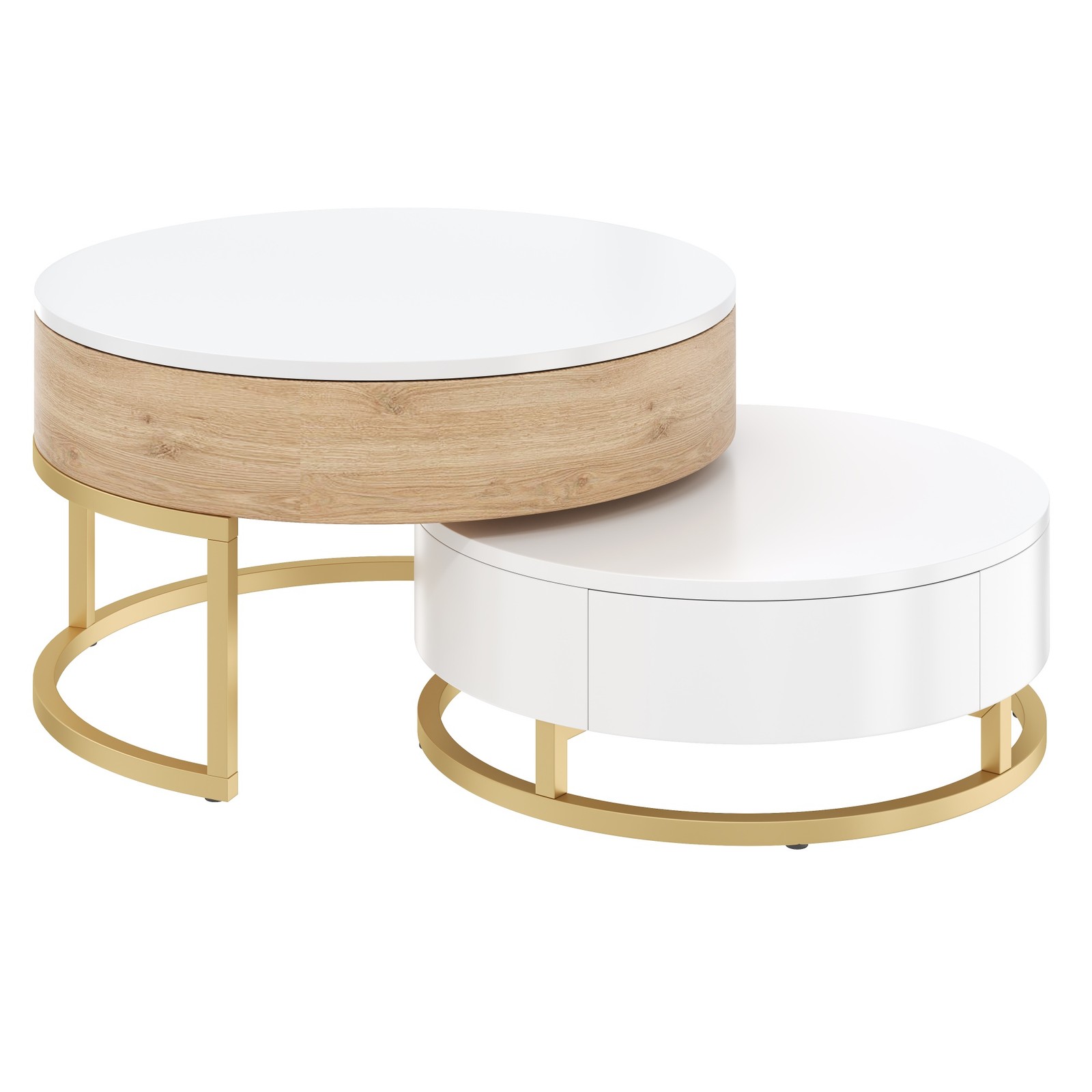 Round Lift-Top Nesting Coffee Tables with 2 Drawers White & Natural
