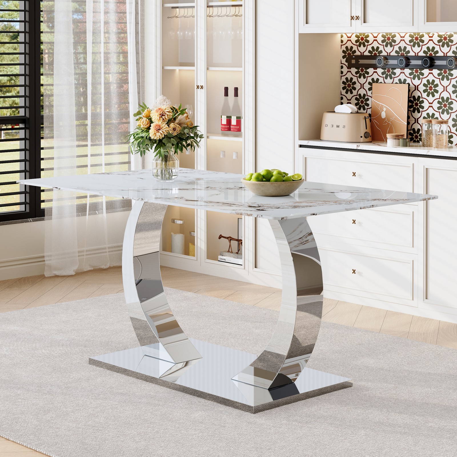 63″ x 35″ Dining Table w/ Tempered Glass Top & Heavy-Duty Steel Base for Kitchen
