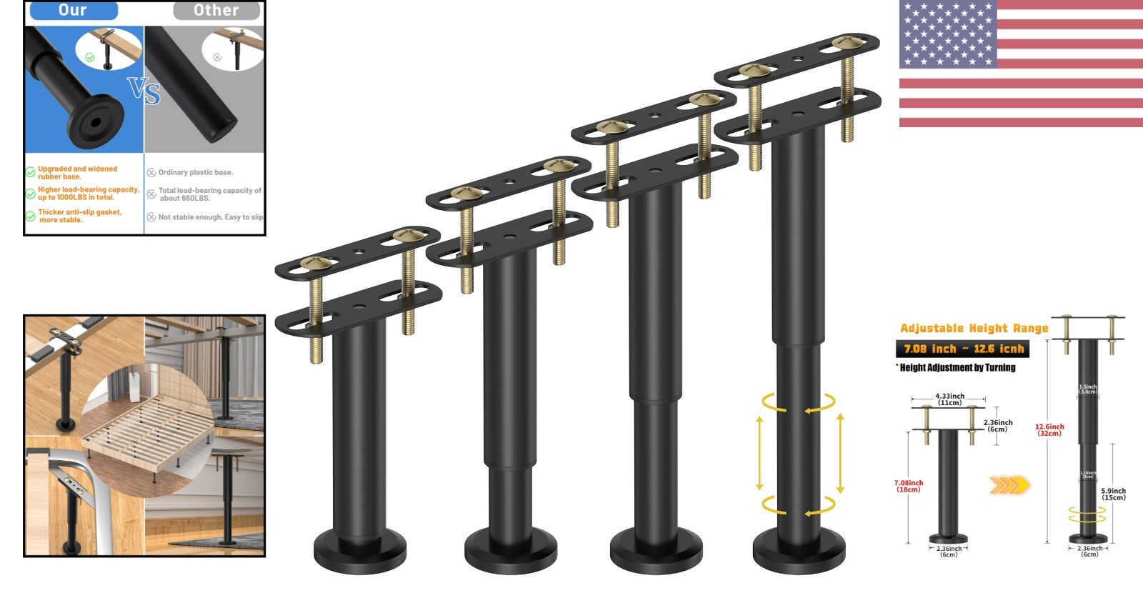 4 Heavy-Duty Adjustable Bed Support Legs (7.08-12.6in) for Stability & Strength