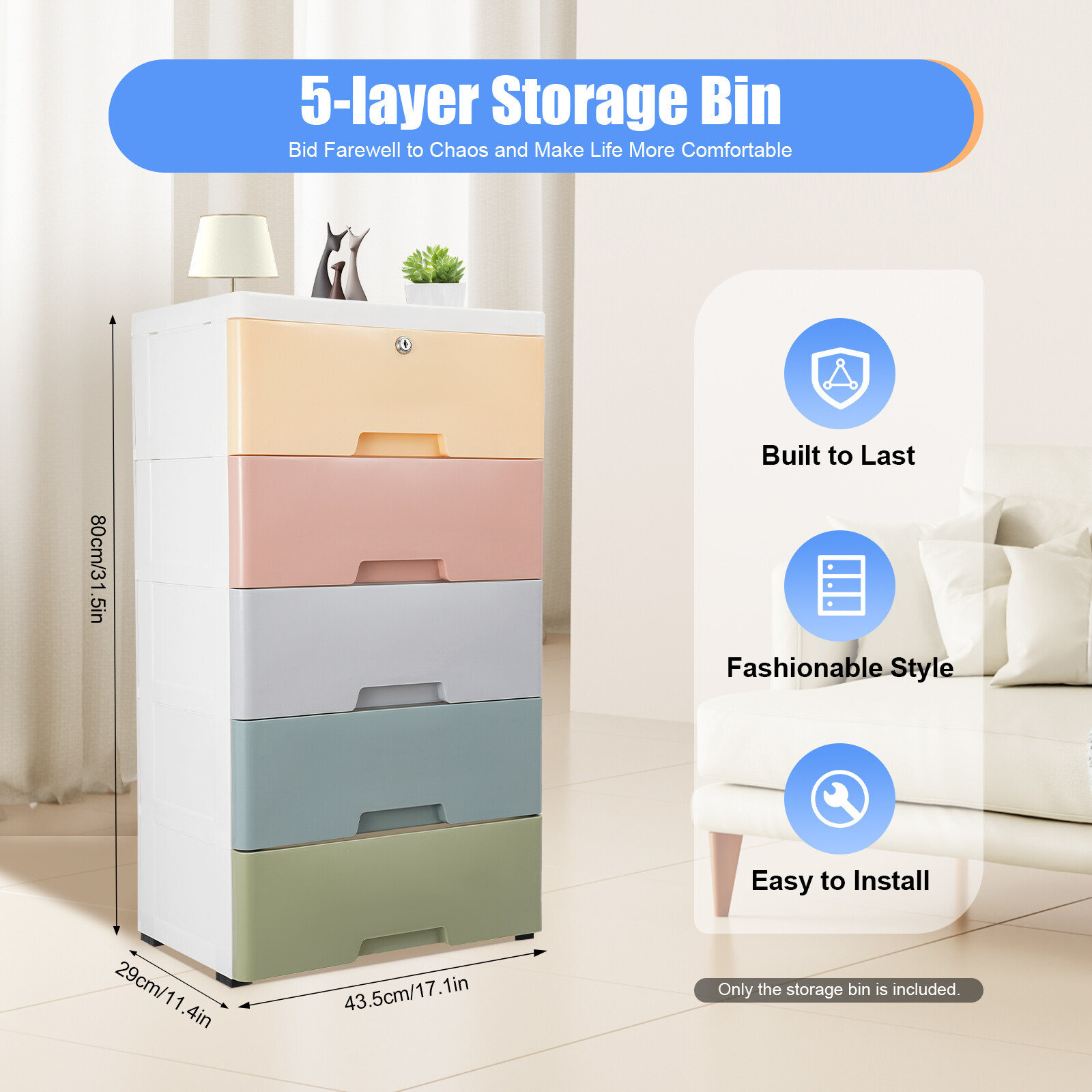 Chest of 5 Drawers Drawer Tower Dresser Clothes Storage Racks Bedroom Plastic