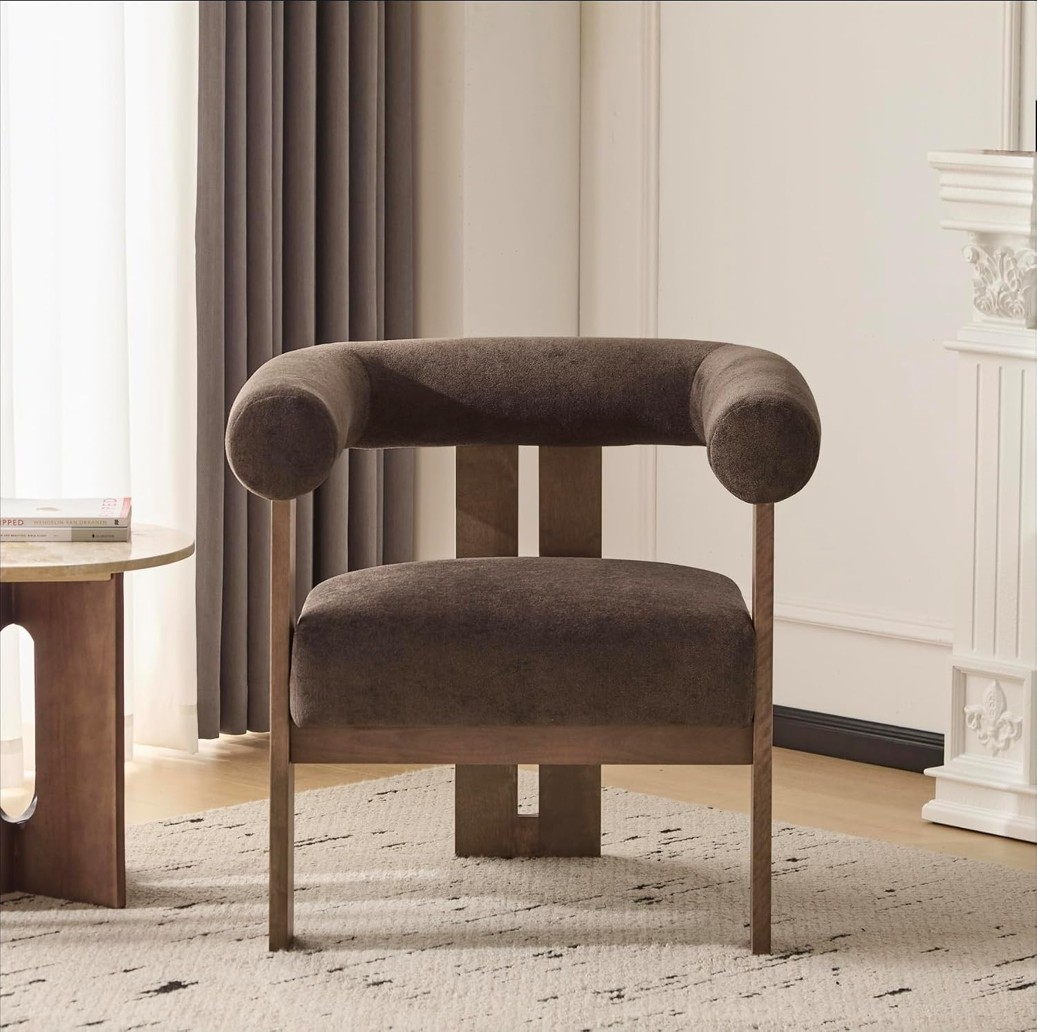Modern Velvet Accent Chair with Curved Backrest – Dark Brown & Walnut