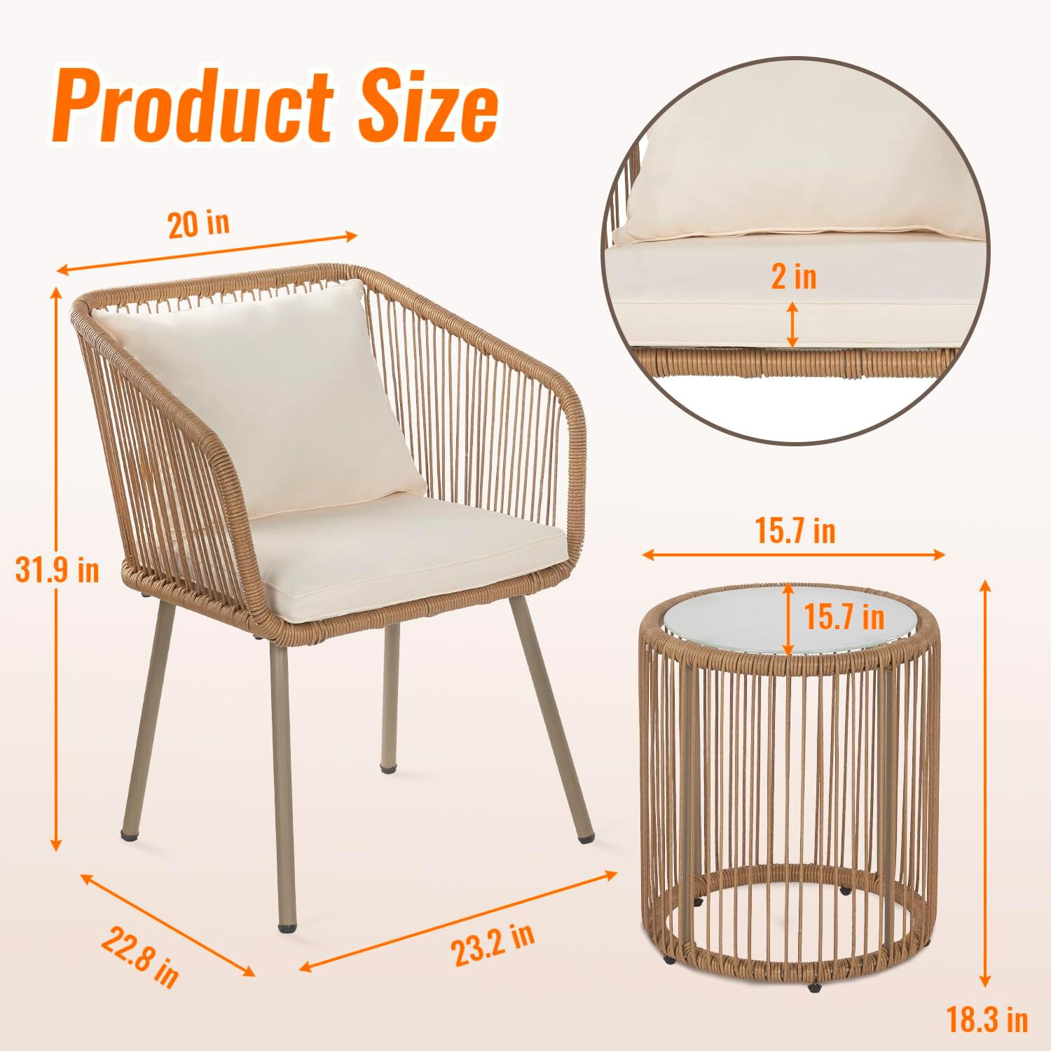 3-Piece Outdoor PE Rattan Bistro Furniture Set Patio Rattan Conversation Set