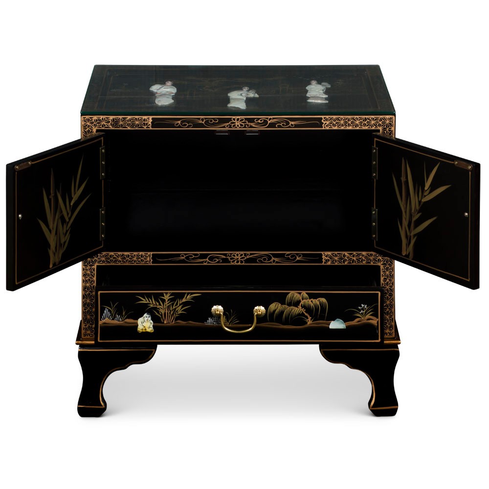 US Seller – Black Lacquer Mother of Pearl Oriental Accent Cabinet
