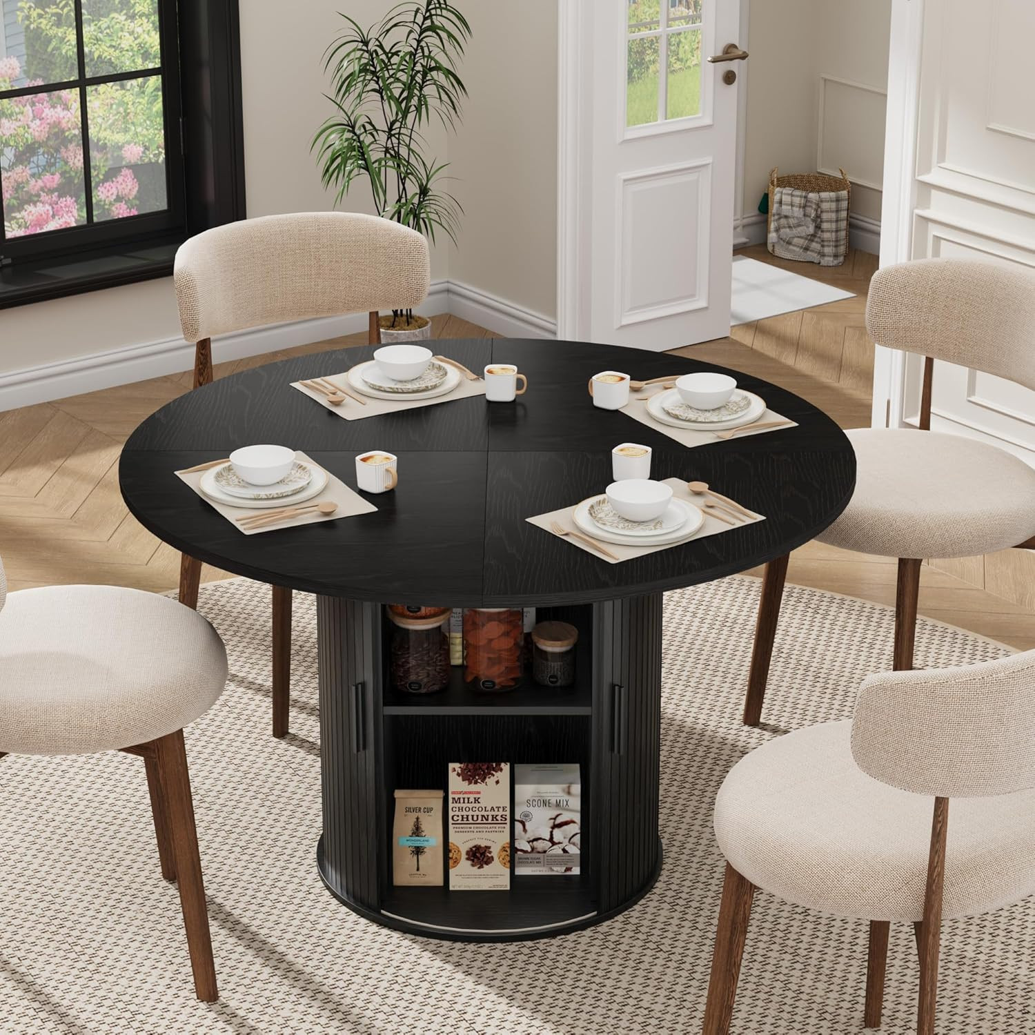 47″ Round Farmhouse Dining Table for 4 with Storage Shelf – Modern Black Design