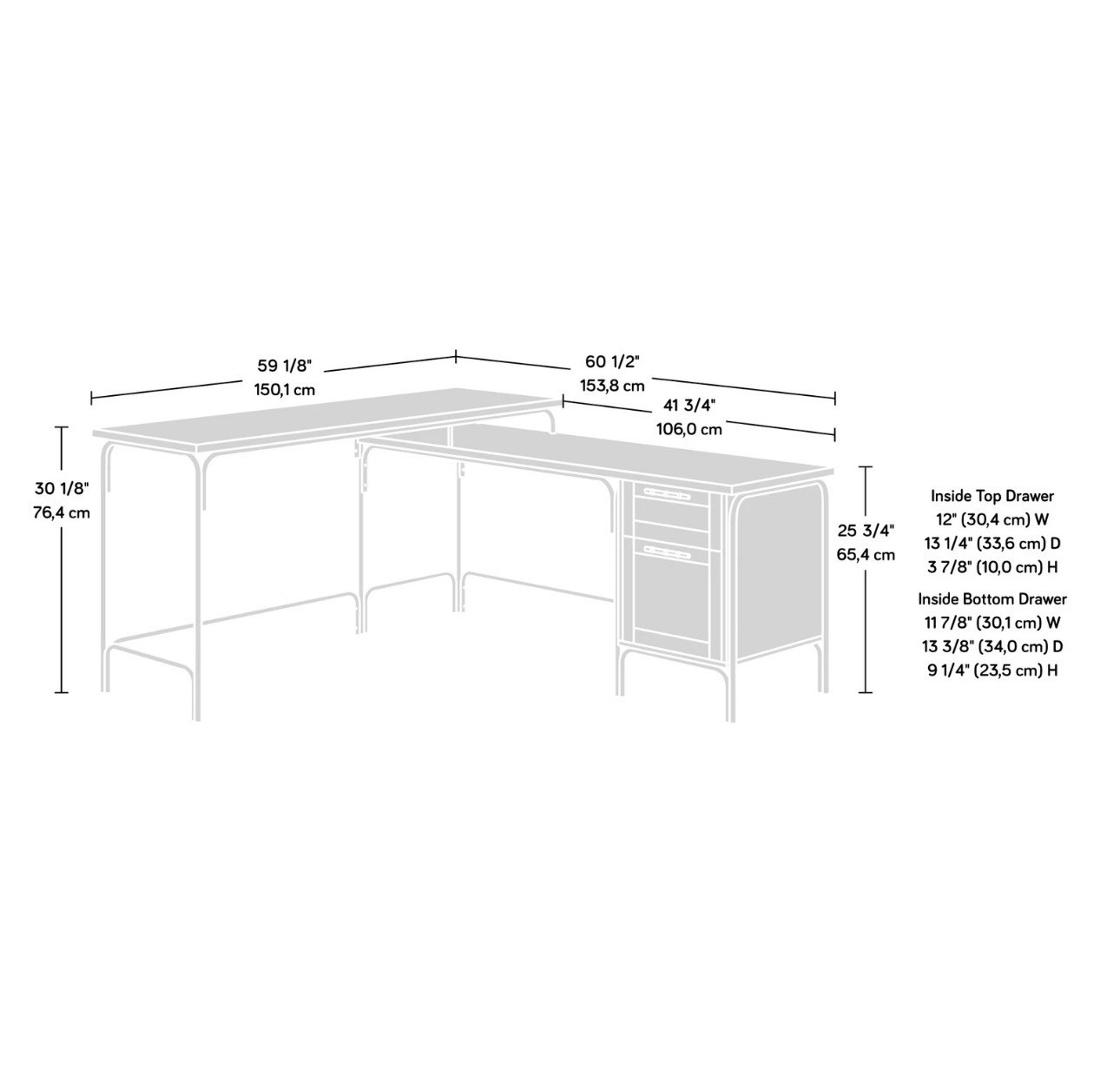Light Brown Gold Finish L-Shaped Corner Desk Wood Drawers Shelves 60.5″ x 59″