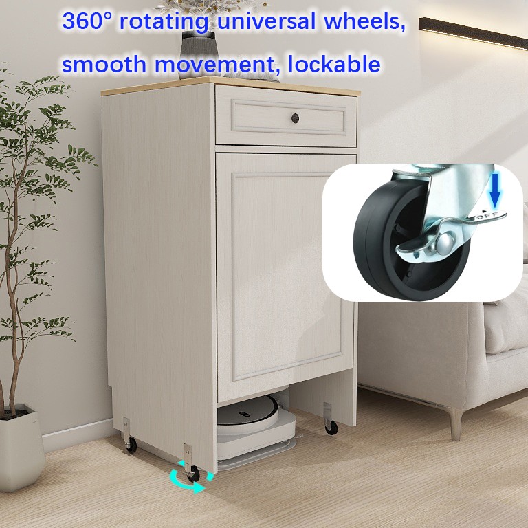 Robot Vacuum Stand with Wheels, Storage Cabinet with Doors & Drawers