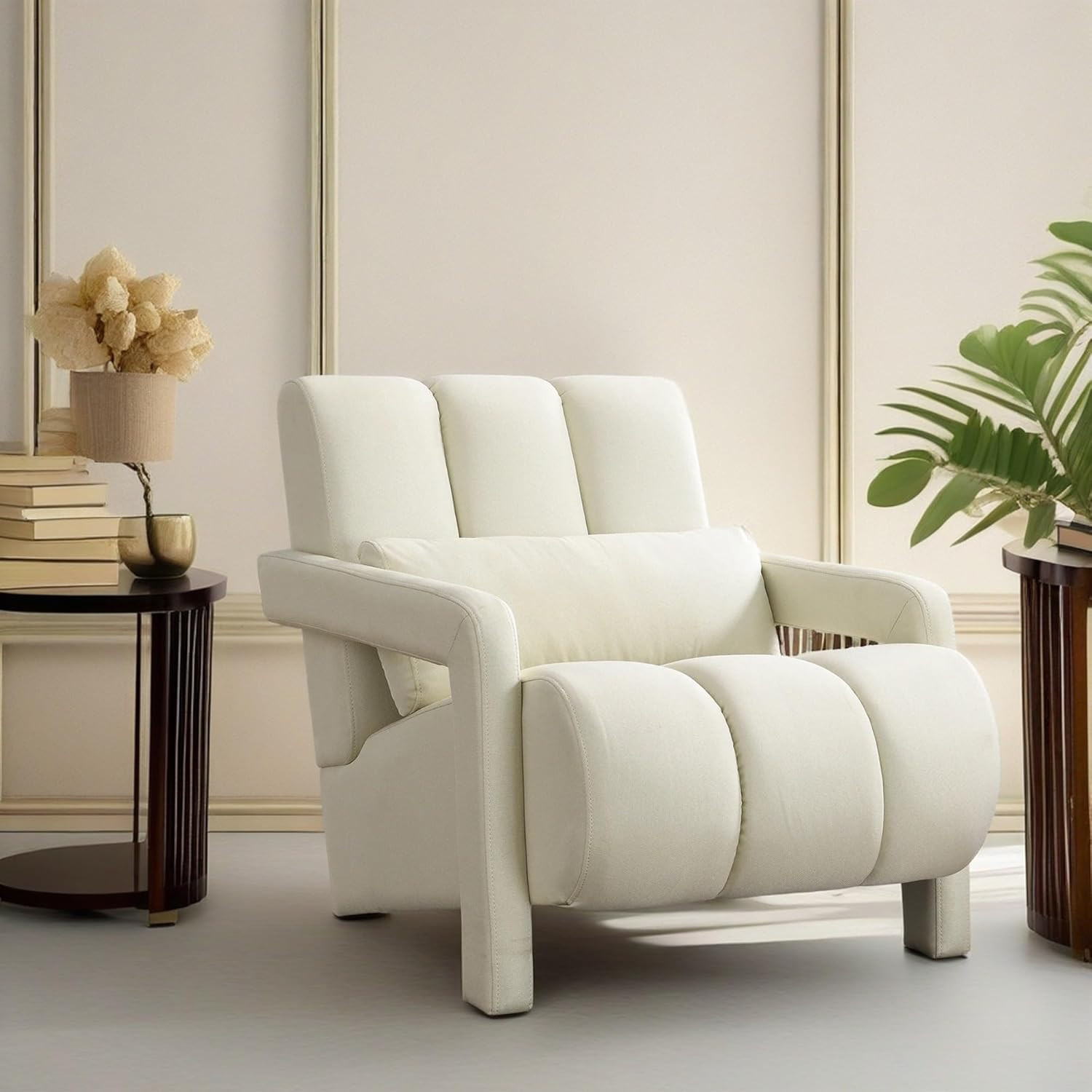 Smyth Modern Beige Armchair – Cozy Upholstered Accent Chair with Pillow