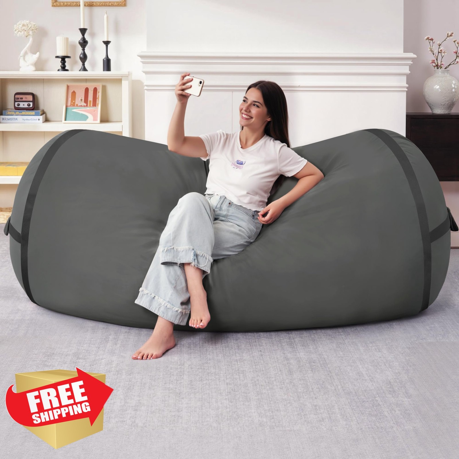 HABUTWAY 6ft Giant Bean Bag Chair Adult Memory Foam Dutch Velvet Dark Grey