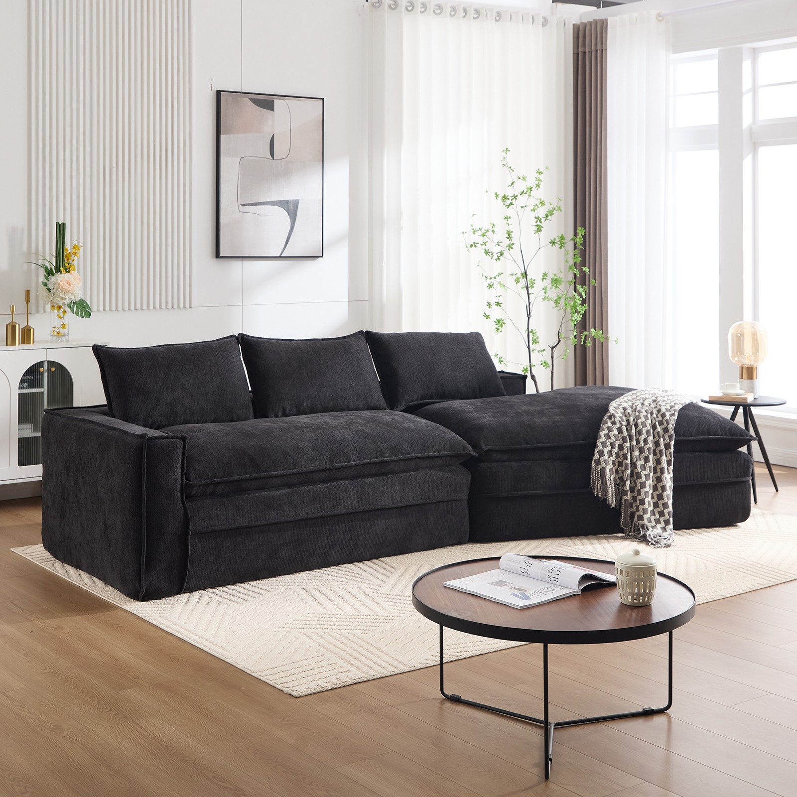 Modern Modular Sectional Sofa with Right Chaise, Black, 3 Seat