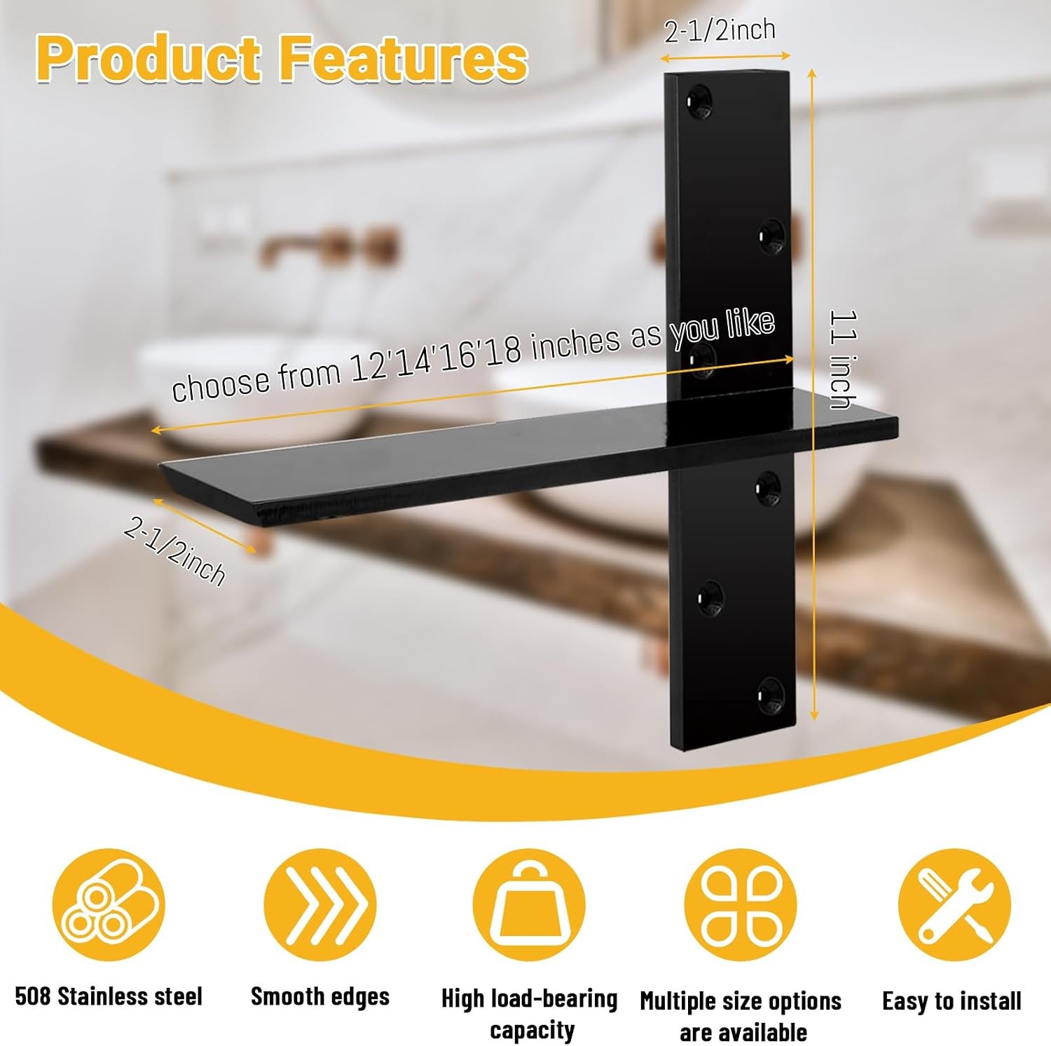 3/8″ Thick Heavy-Duty Floating Shower Bench Brackets -18″ L x 2.5″ W Wall Mount