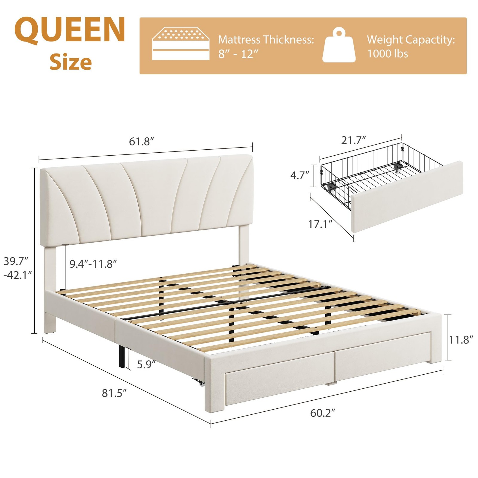 Queen Size Bed Frame with 2 Storage Drawers & Adjustable Headboard, Velvet Up…