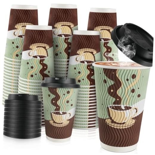 Disposable 16oz Insulated Coffee Cups with Lids – 48 Pack – Disposable