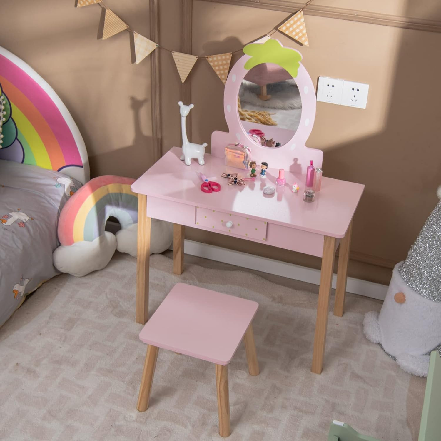 Kids Vanity, Strawberry Themed Princess Makeup Vanity Set for Little Girls, Real