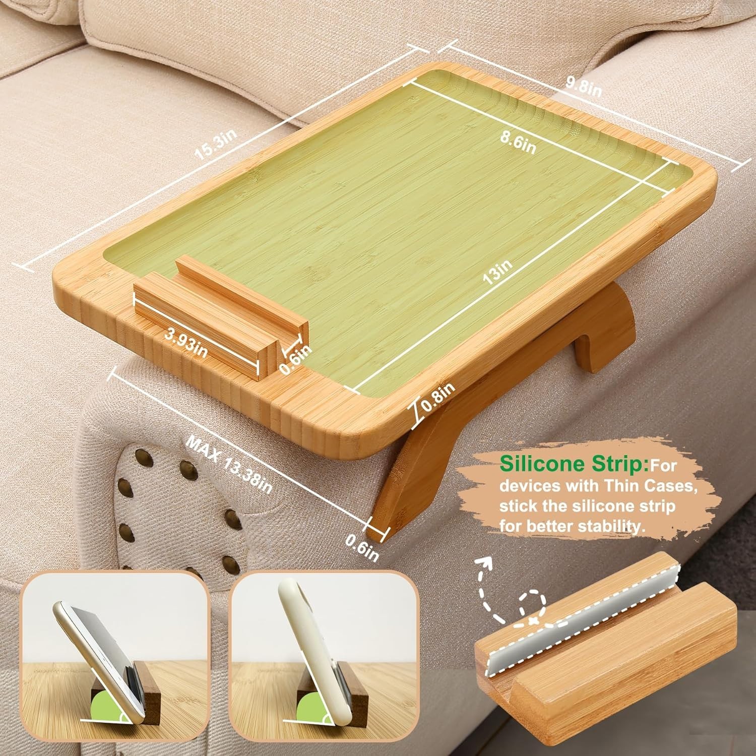 Couch Armrest Table with 360° Rotating Phone Holder, Bamboo 15.35 x 9.85in An…