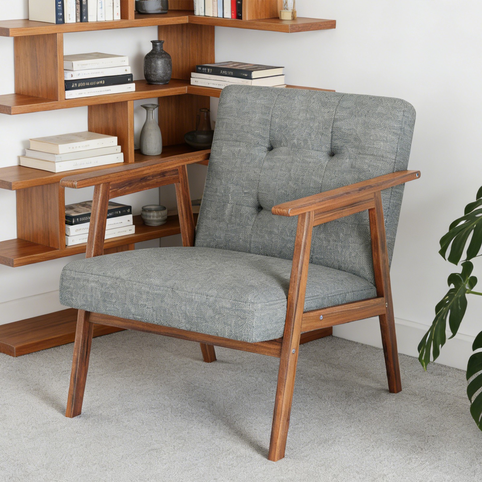 Light Grey Modern Accent Chair with Walnut Finish – Thick Cushion